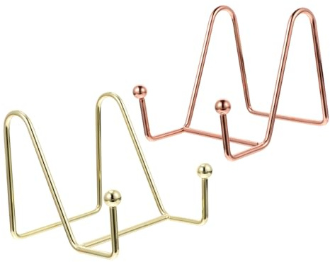 FIXOSHEE 2Pcs Metal Frame Plate Stand Iron Easel Display Holder for Photos Cookbooks Menus Compact Stable Base Small Gold Rose Gold