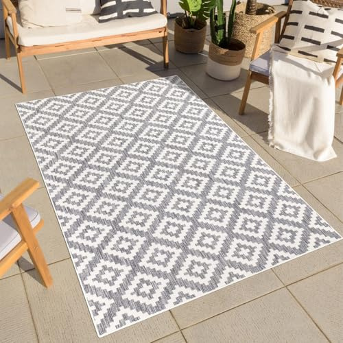 carpet city Teppich Outdoor Wetterfest - Grau - 200x290 cm - Rauten-Optik - Balkon Teppich Wasserabweisend - In-& Outdoor Teppiche für Terrasse, Garten, Küche, Bad oder Wohnzimmer