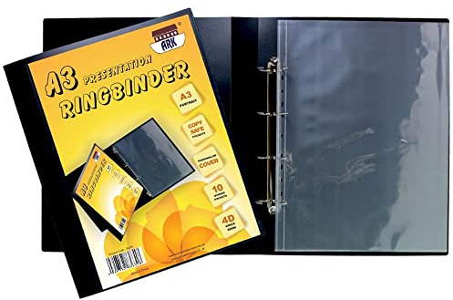 ARK Classeur de présentation A3 Deluxe Portrait 4D à anneaux + 10 pochettes (B) Noir