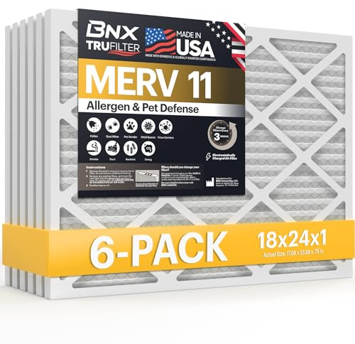 BNX TruFilter 18 x 24 x 1 luftfilter MERV 11 (6-pack) - TILLVERKAT I USA - Allergenförsvar elektrostatisk veckad luftkonditionering HVAC Ugnsfilter för allergier, damm, husdjur, rök, allergi MPR 1200