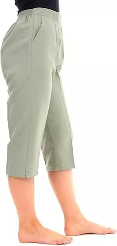 Ladies Half Elasticated Waist 3/4 Three Quarter Cropped Trousers Womens Pants Summer Capri Shorts Bottoms UK Sizes 8-24 (UK, Numeric, 14, Regular, Regular, Sage Green)