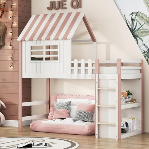 Azkoeesy Letto a Soppalco Casetta 90x200 cm, con 2 Mensole, Tetto e Finestra Integrati, forma di casa, Protezione Anticaduta, Rete a Doghe, Struttura Robusta in Legno di Pino (rosa)