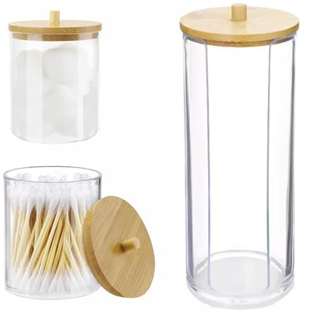 SRTSTR 3 Pezzi Porta Dischetti Struccanti Trasparente Porta Cotton Fioc per Bagno, Contenitore Cotton Fioc, Supporti Qtip Holder Dispenser con Coperchio in Bambù per Tamponi Cotone, Batuffoli Cotone