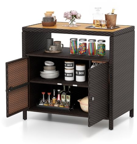 COSTWAY Armario Baja Exterior de Ratán, Armario terraza con Compartimento Abierto y Gabinete Cerrado, Aparador de Mimbre de 2 Puertas Terraza Jardin Exterior, 90 x 53 x 86 cm (marrón)