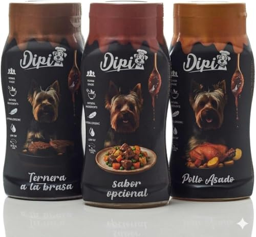 Dipi - Pack 3 Salsas para Perros - 2 sabores: Pollo y Ternera - Sin Cereal - Bajo en Calorías - Para Perros de Todas las Edades y Todas las Razas - 300 ml por bote.