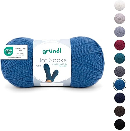 Gründl Lana Hot Socks tinta unita 100, gomitolo di lana per calzini, 4 strati, 1 gomitolo, 100 g/420 m, 75% lana vergine (superwash), 25% poliammide), blu enziano