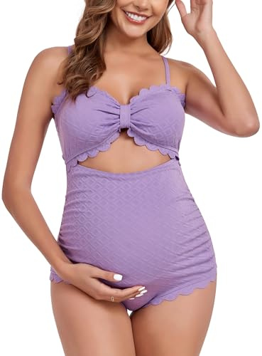 EastElegant Maternity One Piece Swimwear Back Cutout Pregnancy Bikini Scalloped Pregnant Bathing Suit