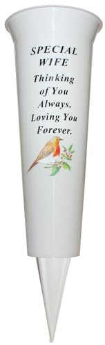 Maceta conmemorativa para tumba, 33 cm de alto, resistente, color blanco, con imagen de espiga y petirrojo (Special Wife 8781)