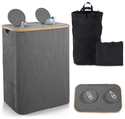 Victoam 2 Packs Reusable Recycling Bags, 140L Recycling Bins with 2 Carrying Bags, Deposit Bottle Collector Bins with Lid, Waterproof Woven Waste Bins Bag for Kitchen Home Office Indoor Outdoor