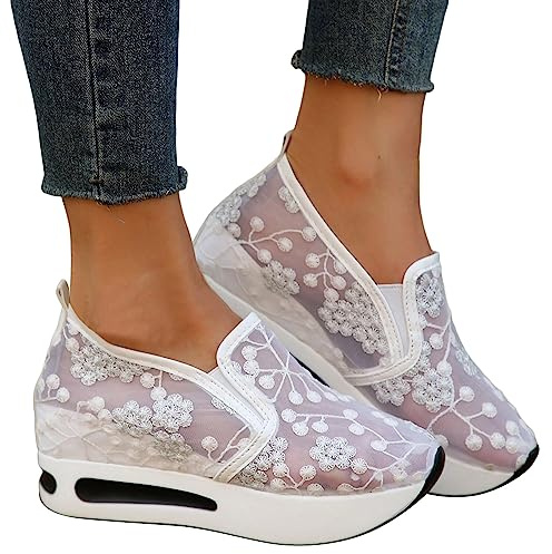 Hsternexy Chaussures plates pour femme - Dentelle Dirndl - Baskets en maille respirante - Chaussures d'été blanches - Chaussures de mariage - Chaussures de tennis - Chaussures de sport, B12 blanc, 39