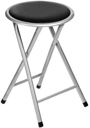 PREMZO Round Folding Stool Soft Padded Seat Compact Foldable Space Saving Lightweight Metal Frame Rubber Feet Free Standing for Home Office Breakfast Kitchen Bar (Black)