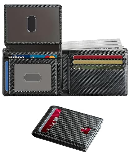 Maslasee Wallets for Men UK, The Perfect Minimalist Mens Wallets & Gifts for Men. RFID Blocking Bifold Credit Card Holder with 2 Id Windows, Carbon Fiber Black