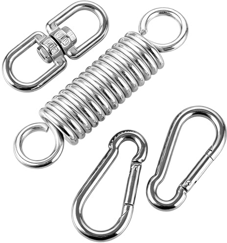 FWEEK 2 molle oscillanti per poltrona sospesa, 200 kg, molla oscillante in acciaio inox con gancio girevole a 360° e 4 moschettoni, per sedia sospesa, amaca, supporto per sacco da boxe, yoga, argento
