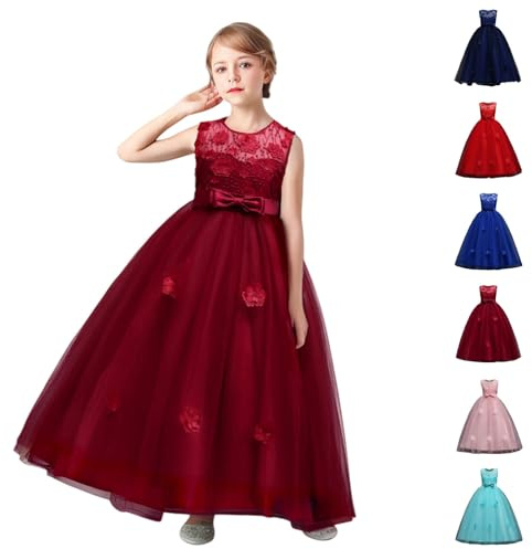 Vestidos de niña de flores, sin mangas, para dama de honor, boda, fiesta, princesa, vestido de tul para cumpleaños, concurso, bautizo, fiesta de graduación, para ocasiones especiales, Vino, 11-12 años