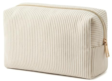 Corduroy Makeup Bag for Handbag, Small Cosmetic Bag for Women | Portable Travel Toiletry Bag Mini Makeup Pouch Organizer for Purse Daily Essentials and Accessories (Beige)
