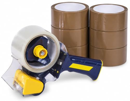 Packing Tape Gun Set – Heavy Duty Tape Dispenser with 6 Brown Parcel Tape Rolls and 1 Clear Packaging Roll for Box Sealing, Shipping, Moving House, Warehouse & E-Commerce Use