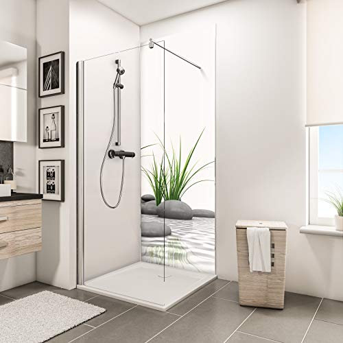 Schulte 1 panneau mural 90x210 cm, surface 1.89m², épaisseur 3 mm, revêtement salle de bain douche, résistant aux rayures, motif pierres zen et herbes, DécoDesign, adhésif double face livré