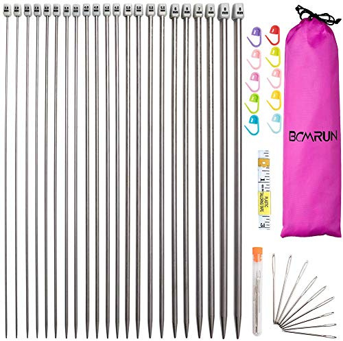 Knitting Needle Set,BCMRUN 22PCS 2mm(B)-8mm(L) Straight Single Pointed Stainless Steel Sweater Needles Set(11Pair-11Size,14 inch)with Locking Stitch Makers Large-Eye Blunt Needles Measure Tape (25cm)