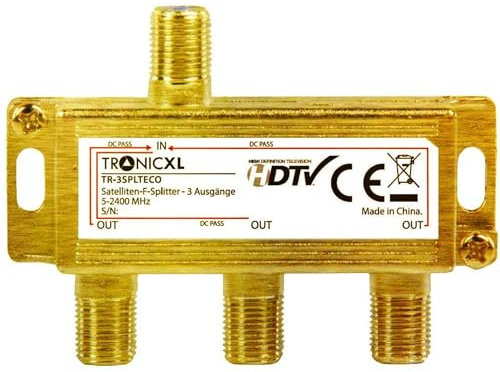 TronicXL 3-Fach SAT Splitter I 24k Gold Antennenverteiler I F-Stecker DC-Durchlass I für Vodafone TV Kabelfernsehen DVB-C BK DVB-T2 Kabel Unicable Verteiler I Full HD tauglich 3D 4K digital Weiche