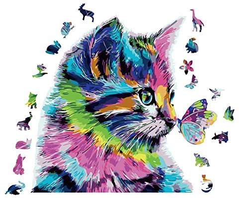 Holzpuzzle Erwachsene, Magische Holzpuzzle Tiere Katze für Erwachsene Kinder, Wooden Puzzle Erwachsene und Kinder (28,5 x 30 cm, 200 Teile, Katze)