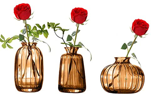 KMERCE - 3 pezzi Vaso per Fiori in Vetro Marrone, Mini Vaso Decorativo Design Trasparente, Decorazione per Centrotavola Matrimonio Campestre Bohémien, Battesimo, Anniversario, Regalo Festa della Mamma