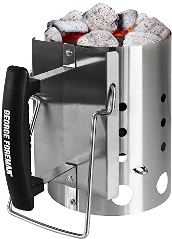 George Foreman Quick-Fire - Chimenea compacta para Barbacoa, 14 cm de diámetro, Barbacoa portátil, Quemador de carbón, Ligero y Duradero en Acero Inoxidable con Dos Asas de Seguridad, GFCMS14