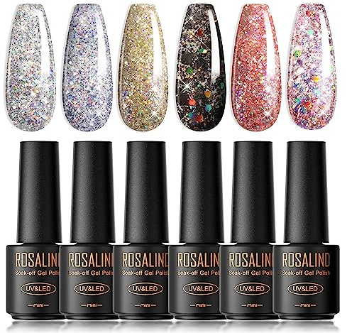 ROSALIND UV-nagellack, 6 färger Mini Gel-nagellack, UV-nagellack Set Färg Gel för Glitter Soak Off Nagellack Fransk Manikyr för Kvinnor Mamma Present Set DIY hemma