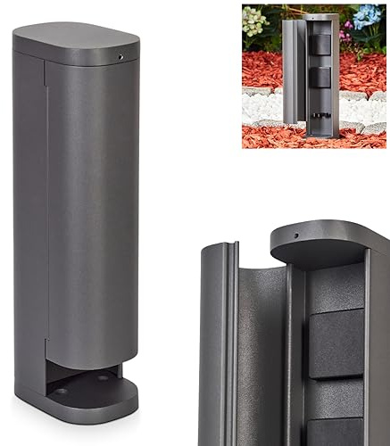 Columna de enchufe Reigolil, columna cilíndrica de metal/plástico en antracita/negro, enchufe de 2 vías, altura 37 cm, cubierta abatible, IP44, conexión 16A/250V, máx. 3680 vatios