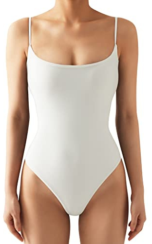 SUUKSESS Women Sexy Square Neck Thong Bodysuits Sleeveless Backless Cami Body Suits Top (White, M)