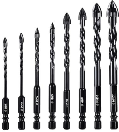 8-Pcs Masonry Drill Bits Carbide Concrete Drill Bit Set for Stone Tile Brick Ceramic Glass Metal Sheet Plastic and Wood, Quick ChangeØ3-12 mm. with Case