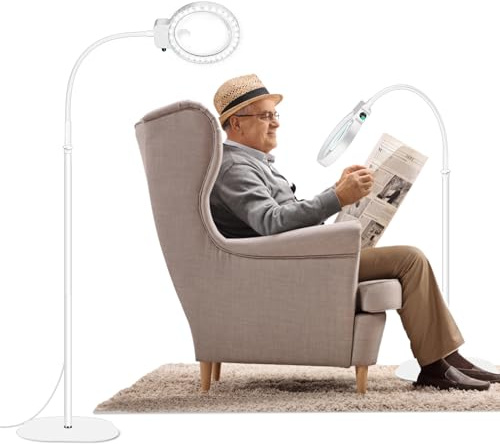 NZQXJXZ 2-in-1 Magnifying Glass with Light and Stand, 5X & 10X Magnifying Lamp with 36 Adjustable Brightness LEDs, Flexible Gooseneck Floor Standing Magnifying Lamp for Close Work, Craft, Reading