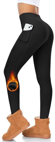 FuelMeFoot Thermo Leggings Damen Gefüttert Fleece High Waist Thermounterwäsche Warm Lang Strümpfhose Blickdicht Winter.01-Schwarz Seitentaschen S/M