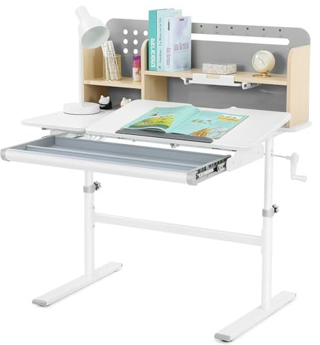 JOYLDIAS Höhenverstellbarer Kinderschreibtisch, Studiertisch für Kinder mit Bücherregale, Neigbarer Schreibtisch, Multifunktionaler Schülerschreibtisch mit Schubladen und Haken