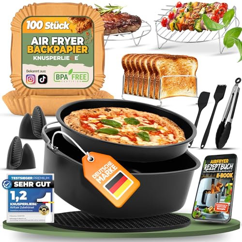 KNUSPERLIEBE® Heißluftfritteuse Zubehör XXL SET mit Backpapier 20-25cm, 5-7,3 L, 18-teiliges Airfryer Zubehör für Airfryer, COSORI 5,5L, Philips 7,3L, Tefal, Cecotec 5,5L, 6L, Princess, 23cm