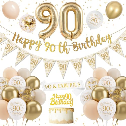 90 år gammal födelsedagsdekoration, dam man, vit guld ballong, glad konfetti, latexballonger