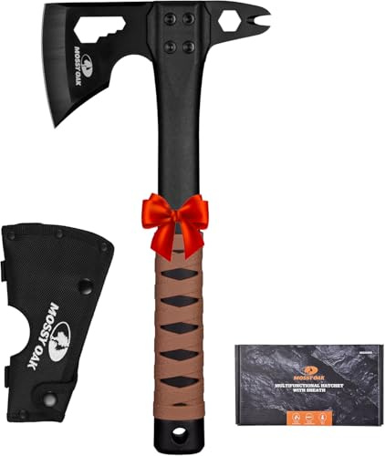 MOSSY OAK 12 Camping Axe and Survival Hatchet with Sheath, Compact Outdoor Multitool Hatchet with Hex Wrench Slots, Non-Slip Dual-Color Handle, Small Camping Gear for Hiking, Chopping, Hunting
