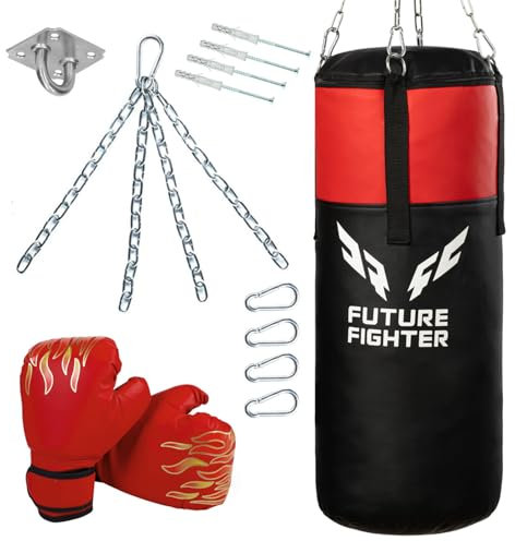 Trainingsset, hängender Boxsack, Training Sack für Box Karate Taekwondo MMA für Kinder mit Boxhandschuhen, 60 x 25 cm, mit Ketten und Deckenhaken, mit Stoffresten gefüllt, Future Fighter [137]