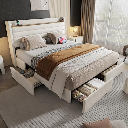 REXO Moderno marco de cama de 140 x 200 cm, con tapizado de terciopelo, cabecero con puerto USB y función de almacenamiento, 4 cajones en la parte inferior del marco de la cama, color beige