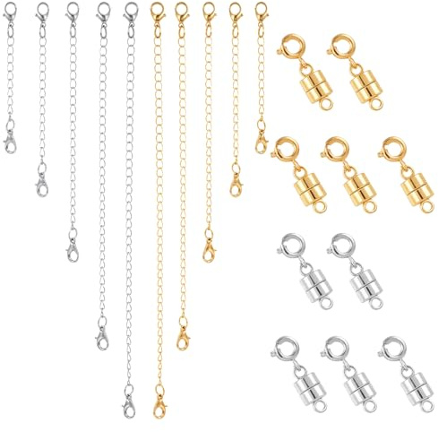 20 Stück Magnetverschluss Kettenverlängerer Set, Verstellbare Verlängerungskette Armband Verlängerung, Edelstahl Magnetschließe, Verlängerer für Armband, Halskette, DIY, Schmuck Making(Gold,Silber)