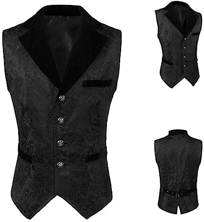 Mens Steampunk Jacquard Waistcoat Men's Gothic Single Breasted Vest Medieval Black Embroidered Waistcoat Renaissance Slim Sleeveless Gown Groom Formal Suit Vest for Wedding Party