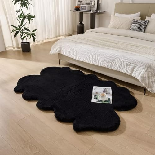 Animebody 1700GSM Fuzzy Faux Sheepskin Fur Area Rug,Extra Soft Faux Fur Mat,Fluffy Shaggy Fur Rug for Bedroom Living Bedside Rug Room Decor-Black, 2 x 3 ft