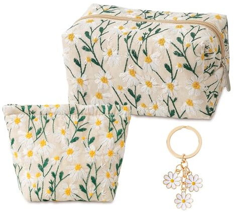 pclapora 2 Pezzi Pochette Donna Trucchi con Floreale Margherita, Beauty Case da Viaggio Donna con Portachiavi, Trousse da Viaggio in Cotone con Cerniera, per Donne Ragazze Vacanze