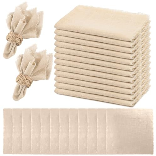 LOMUG 12 stycken tygservetter, linneservetter 42 x 42 cm, återanvändbara servetter tyg, bomull bordsservetter tyg med 10 m snöre för födelsedagsfest (beige, brink-stil)