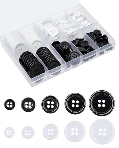 HUVZOR 160 Piezas Botones de Resina, 10mm-25mm 4 Agujeros Redondos con Caja Almacenamiento para Ropa Costura DIY Decoración Abrigos y Camisas, Blanco/Negro