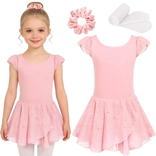 Vestito Ballerina Bambina, Completo Body Ginnastica Artistica e Body Danza Bambina con Chouchou e Collant Danza Bianchi, Ginnastica Ritmica per Lezioni e Spettacoli 4–9 Anni