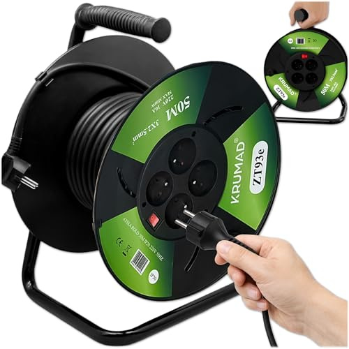 KRUMAD Avvolgicavo 50 m con 4 prese con messa a terra, cavo 3 x 1 mm², 2000 W max, 220 V, per officina e uso domestico, tamburo avvolgicavo con manovella, protezione sovraccarico