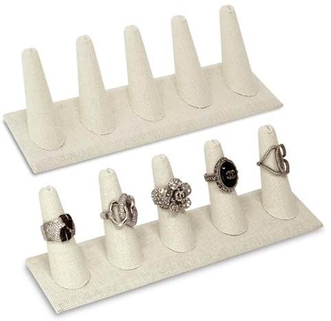 MOOCA 2 Pcs Set Ring Organizer for Showcase Display Drawer 5 Long Ring Storage Holder Jewelry Display Stands Showcase Jewelry Storage Counter, Beige Linen, 8 W x 2 1/8 D x 2 1/2 H in