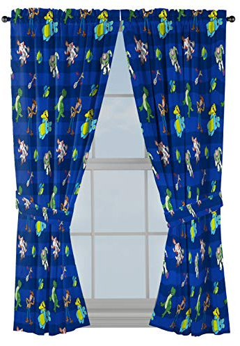 Jay Franco Kids Window Drapes - 4 Piece Curtain Set Includes 2 Tiebacks, Beautiful Bedding Room Décor and Easy Set Up, Blue - Toy Story, 63 Inch