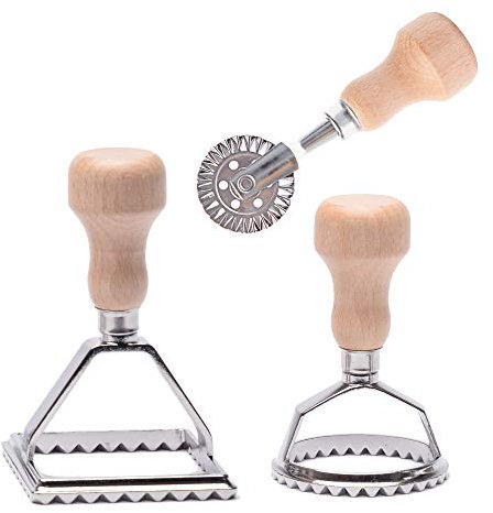 Ravioli Maker Stamp Sellos Para Hacer Raviolis, Molde para Hacer Pasta con Mango de Madera y Borde Acanalado 3 Set with Cutter