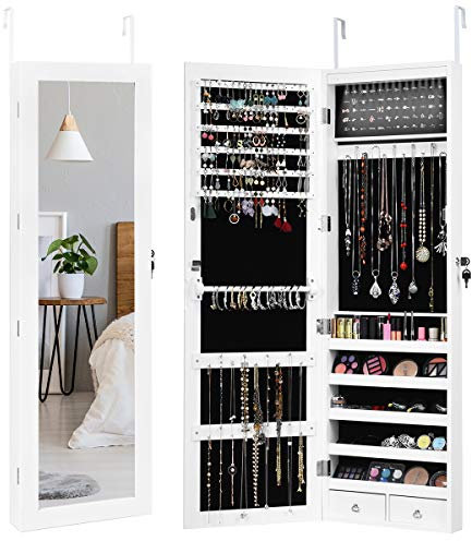 COSTWAY Schmuckschrank abschließbar mit 15 LED, Schmuckregal weiß für Ketten, Ohrringe, Schmuckorganizer hängend Tür und Wandmontage ideal fürs Schlafzimmer, Ankleideraum